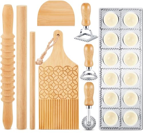 Tioncy 9 Pcs Pasta Making Tool Set, Wood Gnocchi Board with Ravioli Mold Raviolo Maker Raviolo Stamp Rolling Pin Gnocco Maker for Home Cooking Kitchen Gift(Pattern Gnocchi Board with Ravioli Mold Set)
