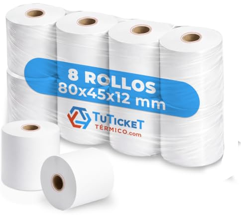 TuTickeT TÉRMICO.com - Rollos de Papel Térmico 80x45x12 mm (8 uds) para Cajas Registradoras, TPV, Datáfonos, Impresoras Térmicas de Tickets con Salida de 80mm de Ancho. Sin Bisphenol A