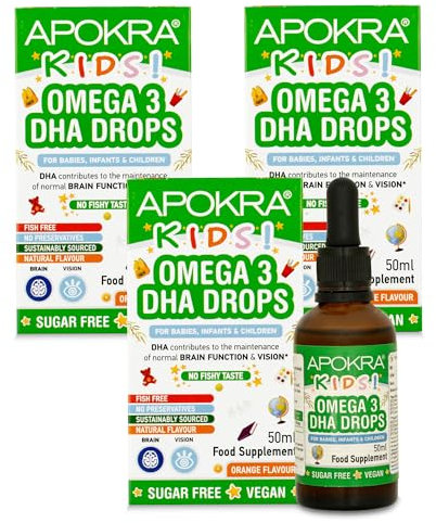 APOKRA Kids - Gocce vegane DHA per bambini, 50 ml, senza sapore di pesce, senza conservanti e senza zucchero, alternativa algale sostenibile all'olio di pesce, 3 pezzi