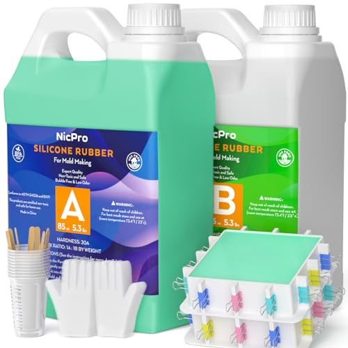 Nicpro 170oz/5026ml Silicone Mold Making Kit, 20A Platinum Liquid Silicone Rubber, Jade Green Flexible, Molds Maker Mix Ratio 1:1 for Casting 3D Resins Molds DIY with Housing, Mixing Cups