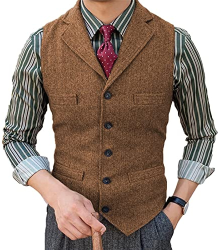 Tuikayoo Herrenanzug Weste Slim Fit Wollkleid Weste Tweed Herringbone für Trauzeugen