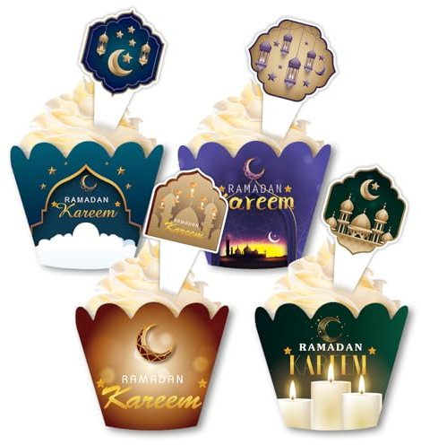 24 Sets Ramadan Cupcake Toppers and Wrappers Eid Mubarak Decorations,Islamic Mosque Moon Star Cupcake Decorations Topper Cupcake Pick Liners for Islamic Muslim Theme Party Cake Decorations Supplies