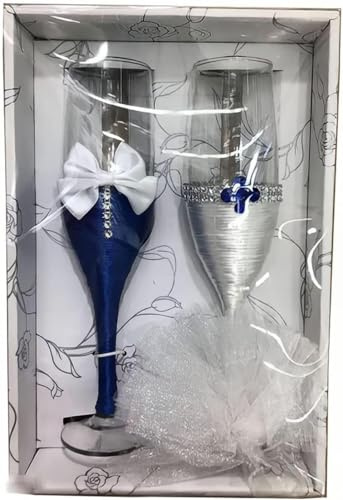 Romantic LOVE Ensemble De 2 Verres À Vin Pour Robe, Coupe À Champagne, Flûtes À Champagne De 7 Oz Pour Les Mariés, Pour Griller Des Cadeaux De Mariage, Cadeaux De Couple (Bleu blanc)
