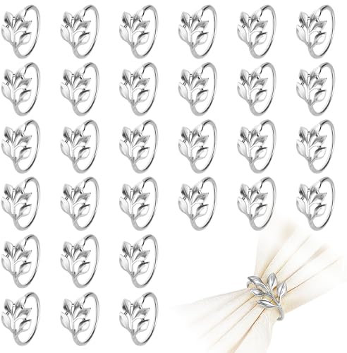 Blatt Serviettenringe Set, 30 Stück Metall Serviettenring Halter Schnallen für Tischdekorationen, Serviettenhalter für Stoffservietten Verzierung für Hochzeit Weihnachten Abendessen (Silber, 1.7in)