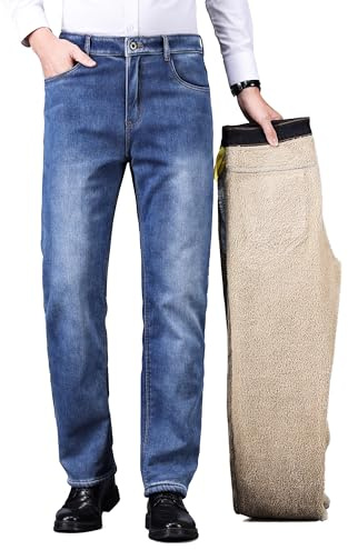 ziilay Förtjockade lammskinn, termojeans, män, termobyxor, snöbyxor, teddyfleece, fodrade vinterbyxor, stretch, Tvättad blå, 32W / 30L