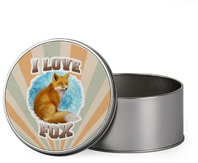 I love Fox, Animal Lover Gift, Metal Tin Storage Box, Biscuit, Chocolate,Tin, Emergency Stuff Tin. (Round)
