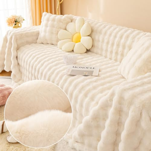 FANSU Plüsch Sofabezug 1 2 3 4 5 Sitzer, Antirutsch Winter Wärme Weich Sofaüberwurf Decke Ecksofa Couch Bezug Sofaschoner Sofa Decken Einteiliger Couch Überwürf (2 Sitzer(180x230cm,Weiß)