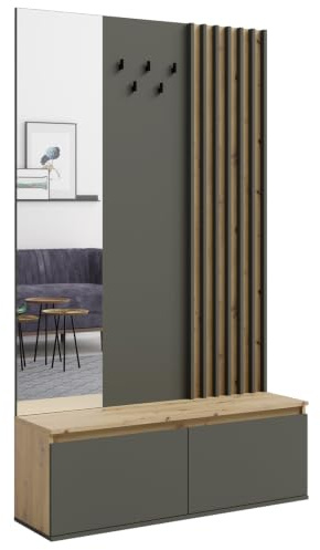 Lomadox Garderobe mit Bank und Paneel Spiegel 2 Klappen Kleiderhaken Eiche Graphit Lamellen Design 120x202x34 cm