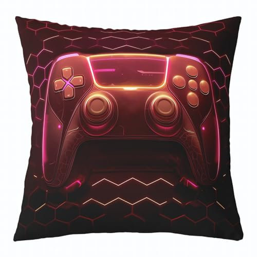 Loussiesd Kids Gamer Throw Pillow Covers 40x40cm,Boys Gaming Pillow Covers for Home Sofa Bed Couch,Geometric Hexagon Game Controller Cushion Covers,Gaming Theme Red Black 1pcs Pillowcases
