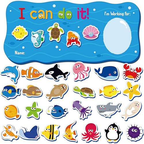 I CAN DO IT Token Board, magnetische Belohnungstafel mit 30 Tiermagneten, Meeresthema Belohnungssystemtafel, Anreiztabelle für gutes Verhalten und Verantwortung, ideal für Kleinkinder, Kinder