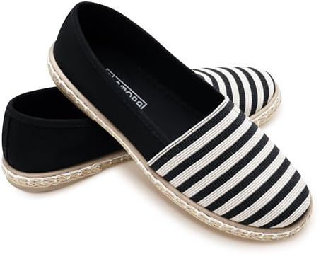 GLAMORA Alpargatas Mujer Lona a Rayas, Bailarinas Esparto Mujer Suela Goma Antideslizante, Manoletinas Planas Verano Comodas, Zapatos Slip On Mujer Ligeros Transpirables Calzado Verano Mujer black-41