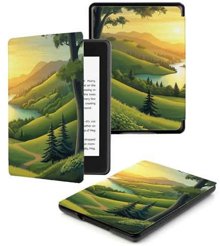 Étui pour Kindle Paperwhite12th Generation 2024, Coque de Protection légère en PU avec Veille/Réveil Automatique pour Kindle Paperwhite 2024,Vert Collines Arbres