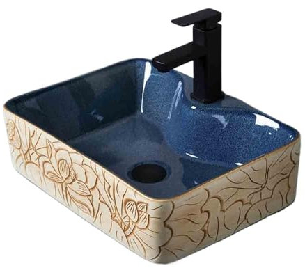 WOTZOV Lavabo Vasque à Poser Bleu, Petit lavabo carré en céramique, pour Balcon, intérieur, avec Motif Floral, Plan de Travail Moderne