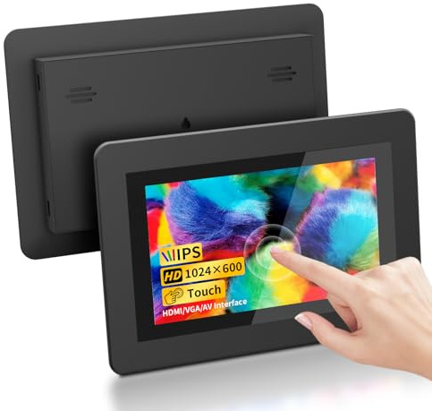 Écran Tactile 7 Pouces, Mini-Moniteur HD IPS 1024×600 avec Haut-parleurs Intégrés/Entrées HDMI/VGA/AV pour Raspberry Pi, PC, TV, CNC, CCTV