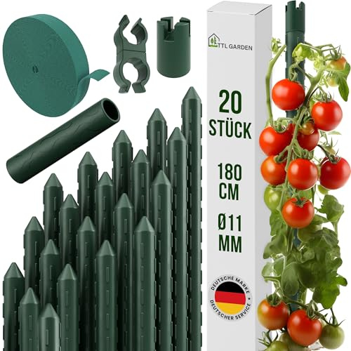 TTL GARDEN Rankstäbe 5er Set 180cm x 16mm Ø grün - extra stabil & rostfrei | 16 mm Rankhilfe Pflanzstäbe Stahl kunststoffbeschichtet Pflanzenstütze Blumenstütze für Tomate Paprika Gurke Bohnen & Blumen