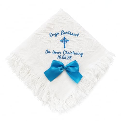 SWETHT Personalised Baby Christening Shawl, Embroidered Baptism Shawl White with Gothic Cross, Custom Naming Day Christening Blanket for Baby Boys Girls