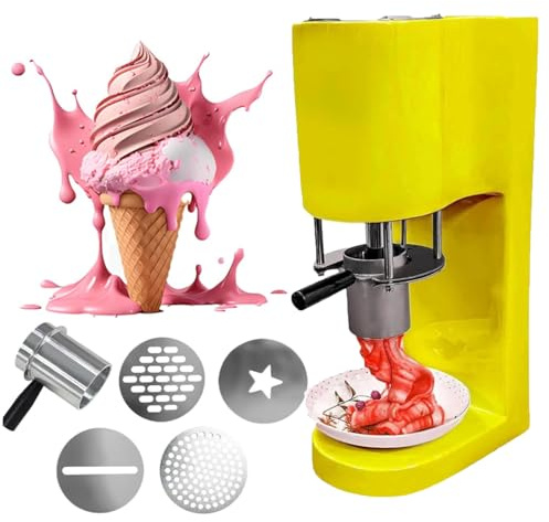 ZHPPED Multi-shape Spaghetti Ice Cream Press Machine with 4 Interchangeable Molds,420ml Hopper/Stainless Steel/1-Button Start,80w Commercial Gelato Maker for Gelato & Ice Cream Shops Yellow