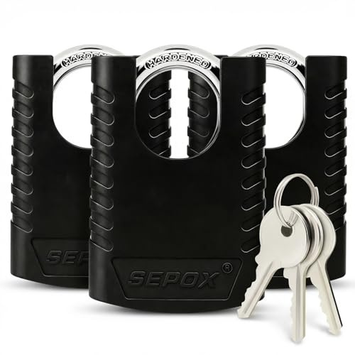 SEPOX 3PCS Large Padlock with 3 Keys, 81 mm Overall Height, 55 mm Body Width, Black Plastic Coated Security Waterproof Lock, Metal Heavy-Duty Locks for Gate, Fence, Has
