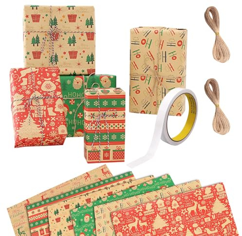 MUWINC Weihnachtsgeschenkpapier aus Kraftpapier, 6 Bögen, 50x70cm | Recycling Geschenkpapier mit Hanfseil & Klebeband, für Geschenkverpackungen zu Weihnachten, Geburtstagen usw.