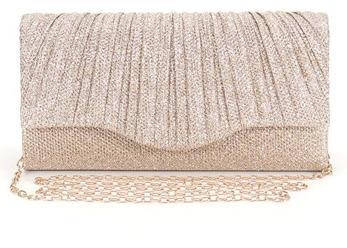 MLPKOI Sac de Soirée Pochette, Pochette Femme, Élégante Soirée Clutch en Paillettes Brillant avec Chaîne Détachable,Pochette Scintillante Plissée Champagne pour Mariage Fete Bal, Pochette Femme