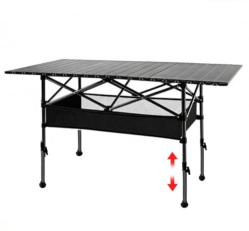 Jacgood Aluminum Roll Top Camping Table, Adjustable Height Folding Table