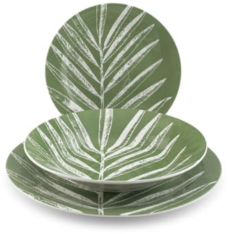 H&H Servizio Tavola Minty Foliage in Porcellana Decorata 18 Pezzi – 6 Piatti Piani 27 cm, 6 Piatti Fondi 23 cm, 6 Piatti Frutta 19 cm Forma Ala – Idoneo Lavastoviglie e Microonde