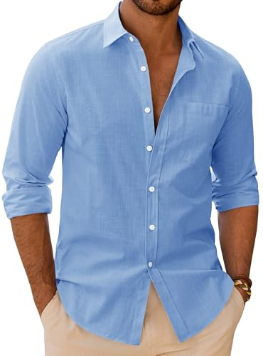 siliteelon Mens Linen Shirts Long Sleeve Cotton Casual Regular Fit Solid Button Down Beach Summer Tops with Pocket