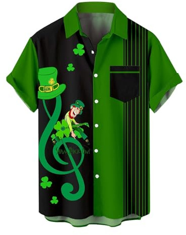 St. Patricks Day Shirts for Men Irish Lucky Clover Shirt Funny Short Sleeve Blouses 2026 Hawaiian Button Down Tees(Z13-Dark Green, XXXL)