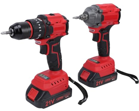 ViaGasaFamido Kit de Taladro y Llave de Impacto de 21 V, par de 350 N, Motor sin Escobillas de 2400 RPM con 2 Baterías, Luz LED para Uso Profesional de Bricolaje Automotriz (Enchufe UE 230V)