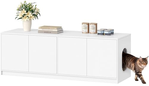 Fobyfurny Kattlåda, skåp för 2 katter, dold kattlåda, kattskåp med tryckdörrar och ventilationshål, minimalistiskt katthus, vardagsrum, 120 x 50 x 51,5 cm, vit FPCB203PW1