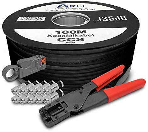 ARLI HD Sat Kabel 100 m Koaxialkabel 135 dB Koaxial 5-fach geschirmt inkl. Kompressionszange Abisoliermesser 10 x F Kompressionsstecker Satkabel TV Antennenkabel Koax 4K schwarz
