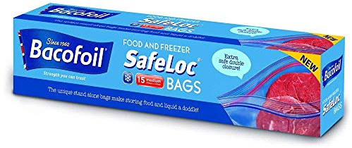 BacoFoil Safeloc-väskor med dubbla tätningar, mat och frys, medium, blå, 15 stycken