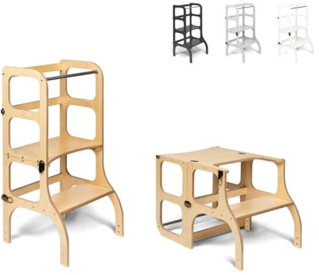 Klappbarer Lernturm mit Sitzfunktion, 45 cm Stehhöhe, Step’n’Sit, Lernturm mit Sitz und Tisch umklappbar, Birkenholz, UV-Lackiert, Holz mit Messing Beschlägen
