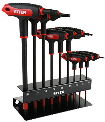 STIER T-Griff-Schraubendreher-Satz Torx, TX10 - TX50, 9-teilig, aus hochwertigem Chrom-Vanadium-Stahl, im Metall-Halter