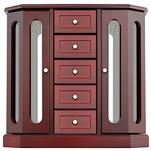 RR ROUND RICH DESIGN Jewelry Box - Made of Solid Wood with Cabinet Type 5 Drawers Organizer and 2 Separated Open Doors on 2 Sides and Large Mirror Brown