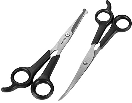 Chibuy Professional Dog Grooming Scissors Set, 2-Piece Kit with Round Tip Safety Scissors, Straight Cut & Curved Shears, Home Pet Grooming Tools for Dogs & Cats