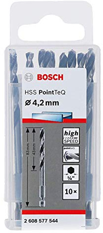 Bosch Professional Set de 10 brocas de vástago hexagonal PointTeQ, para metal, diámetro: 4.2 mm, vástago hexagonal de ¼, accesorios para taladro de impacto y taladro atornillador