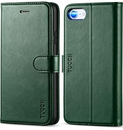 TUCCH Flipcase für iPhone SE 5G 2022/SE 2020 Handyhülle, Dunkelgrün | magnetisch, TPU, Standfunktion, Kartenfach, Schutzhülle kompatibel mit iPhone SE3/SE2/8/7 (4,7 Zoll)
