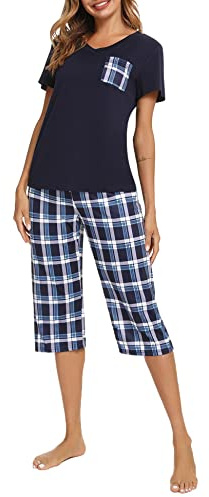 iClosam Pyjama Femme Été Coton T-Shirt avec Poche à Carreaux et Capri | Coton Doux Et Respirant, Toucher Léger, Souplesse Agréable, Printemps Et Été, Nuits Douces, Maison Et Repos, Usage Quotidien