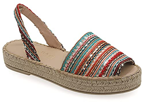Emmanuela Färgglada espadriller av stickat tyg, medelhöga boho chic slingback sommarskor, högkvalitativa slip-on peep-toe espadriller, handgjorda och handsydda i Grekland, Flerfärgad 3, 40 EU