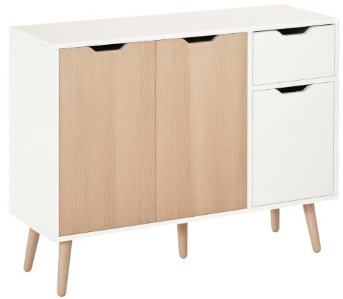HOMCOM Sideboard mit Schrank und Schubladen Kommode Nachttisch Beistellschrank im skandinavischen Design viel Stauraum MDF Spanplatte Weiß+Natur 90 x 30 x 72 cm