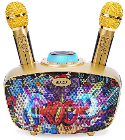 Máquina de karaoke, altavoces Bluetooth portátiles Graffiti Art, máquina de cantar inalámbrica, 2 micrófonos inalámbricos, luces LED de colores, el mejor regalo para niños y niñas (Oro)