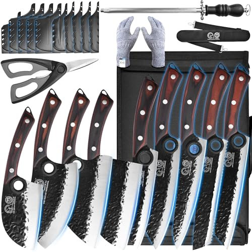 XYJ Authentic Seit 1986,9pcs Geschmiedetes Kochmesser Set Professional mit Roll Bag Sharpener Rod Schere