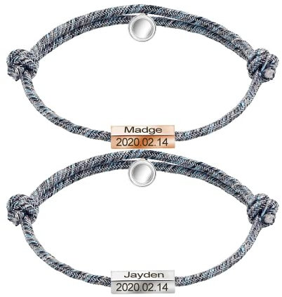 Personalisierte Paare Armband Set mit Name und Datum Magnetische Gegenseitige Anziehung Geflochtene Seil für 2 Passende Armbänder für Frauen Männer Damen Herren Freundschaftsarmband Pärchen Armband