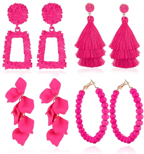 JeryWe 4 Paia Orecchini Pendenti Statement Donna Grandi Geometrici Rettangolo Orecchini a Cerchio con Perline Penzolanti a Forma di Fiore con Petali di Rosa Boho Set di Orecchini con Nappe（Rosso）