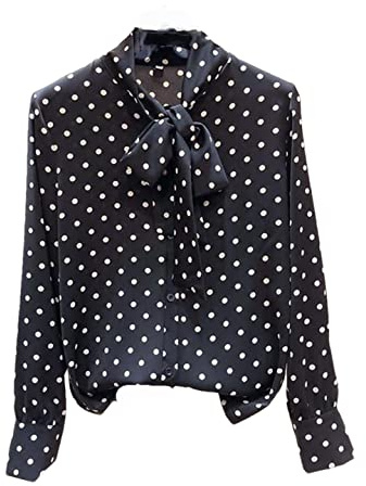 ERFMFKL Women Chiffon Shirts Long Sleeve Polka Dot Bow Tie Blouses Casual Stand Collar Women Tops Black
