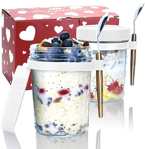 Overnight Oats Containers with Lids and Spoons - 2 Pack 350ML Glass Mason Jars for Overnight Oats Oatmeal Chia Seed Pudding 10 oz Meal Prep Salad Jars Set for Breakfast Essentials to Go Yogurt