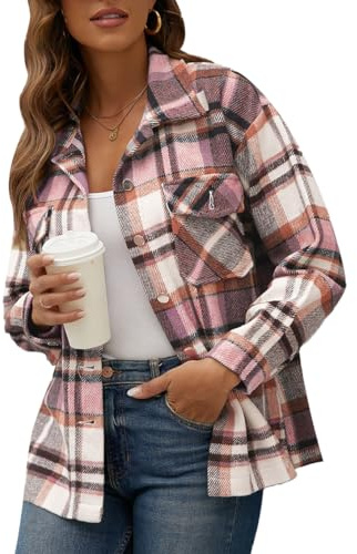 Rayson Camisa Mujer Largo Cuadros Invierno Elegante Franela con Botones Tartan Chaqueta Escoceses Sobrecamisa (Rosa, L)