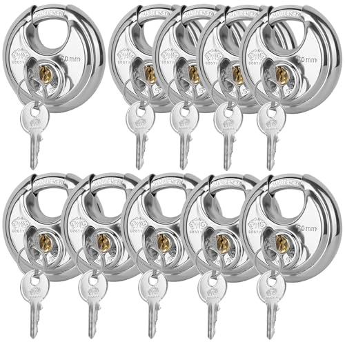 DuoTyga Lot de 10 cadenas à clés identiques, 6,3 cm de large, cadenas à disque d'extérieur en acier inoxydable robuste avec clé pour unité de rangement, garages, clôtures et abris de jardin