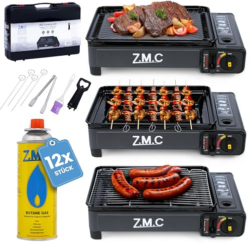 Z.M.C 2-i-1 campingspis och gasgrill inkl. grilltillbehör och resväska 12 x gaspatroner MSF-1a 227 g, gasspis 2,2 kW med LPG-anslutning för camping